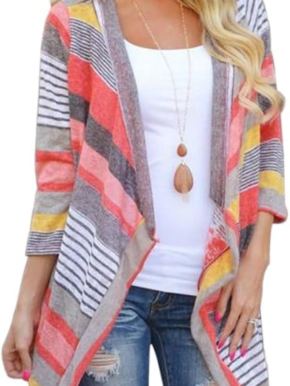 Women's Summer Kimonos Geometric Print Drape Boho Open Front Cable Knit Sweater